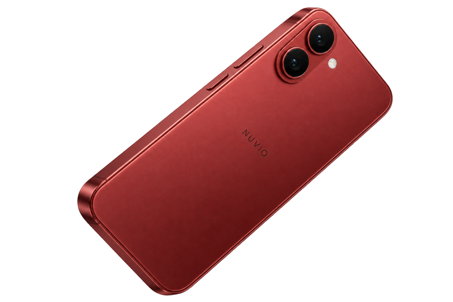 새틴 레드 후면과 세로로 배치된 두 카메라, NUVIO 로고가 보이는 NUVIO ONE